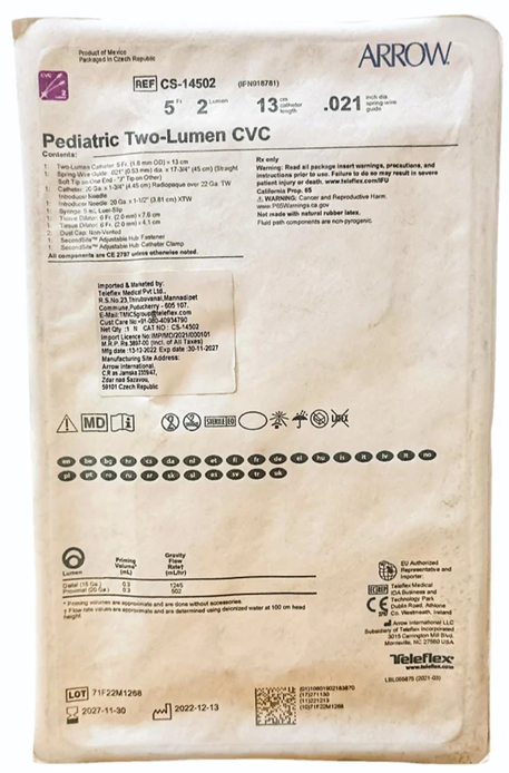 Arrow CS-14502 Pediatric Double Lumen Central Venous Catheter – 5 Fr × 13 cm