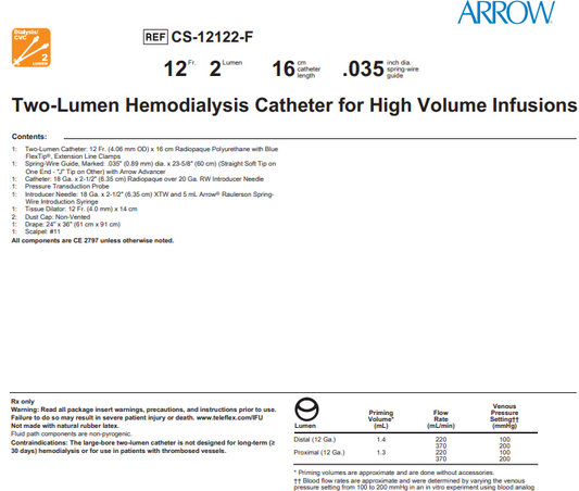 Arrow CS-12122F Two-Lumen Hemodialysis Catheter