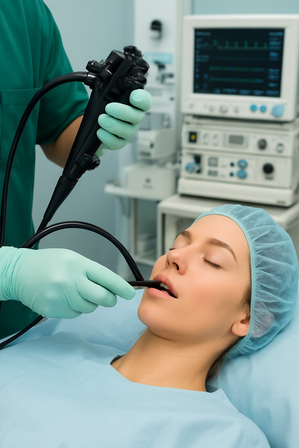 A surgeon in green scrubs and mask performs an endoscopy, carefully guiding a flexible endoscope into a patient's mouth, with internal viewing displayed on the monitor with Patient's vitals shown on the Ventilator Anesthsia Machine