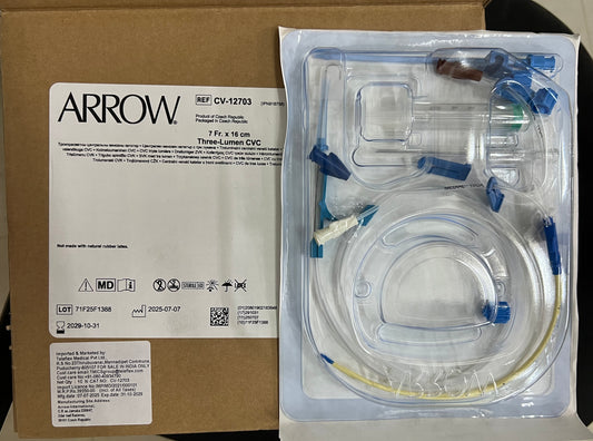 Teleflex Arrow CV-12703 Three-Lumen Central Venous Catheter Set, 7 Fr × 16 cm
