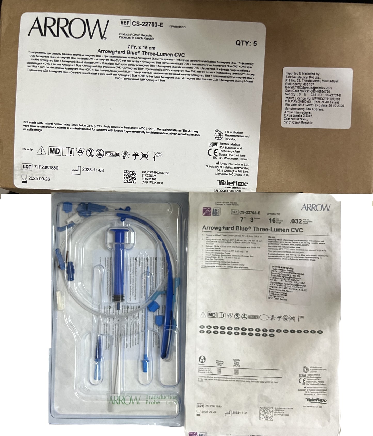 Arrowg+ard® CS-22703E Blue Three-Lumen Central Venous Catheter Set – 7 Fr × 16 cm