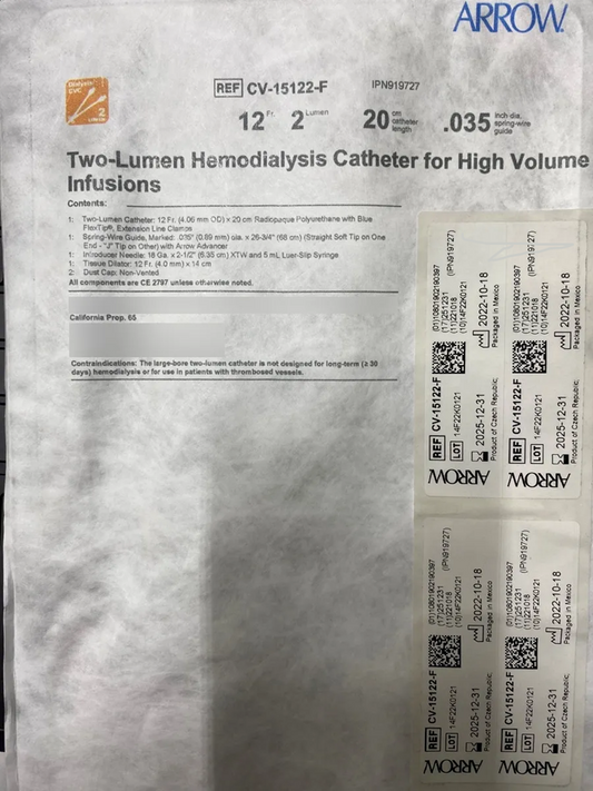 Arrow CV-15122F Dual Lumen Hemodialysis Catheter Set – 12 Fr × 20 cm