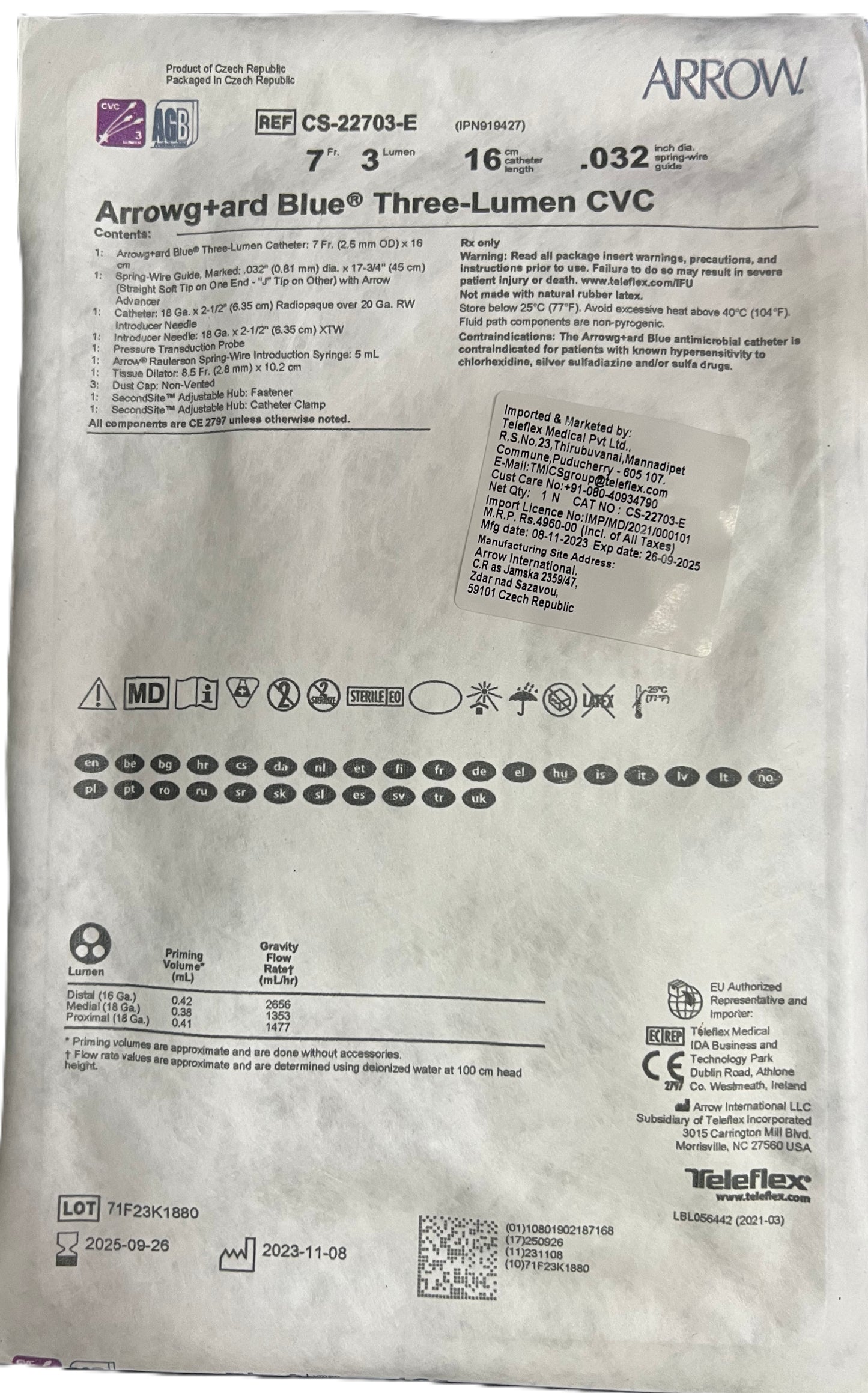 Arrowg+ard® CS-22703E Blue Three-Lumen Central Venous Catheter Set – 7 Fr × 16 cm