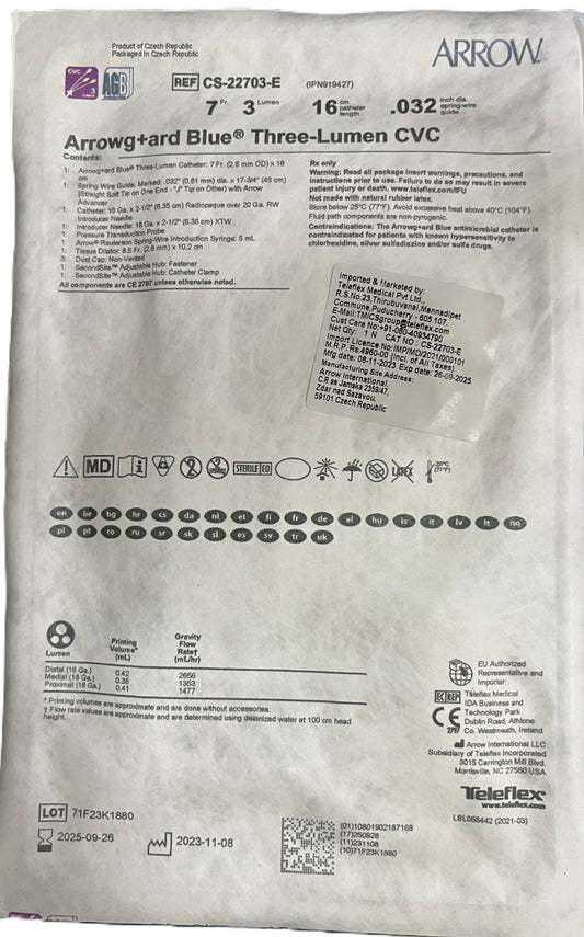 Arrowg+ard® CS-22703E Blue Three-Lumen Central Venous Catheter Set – 7 Fr × 16 cm