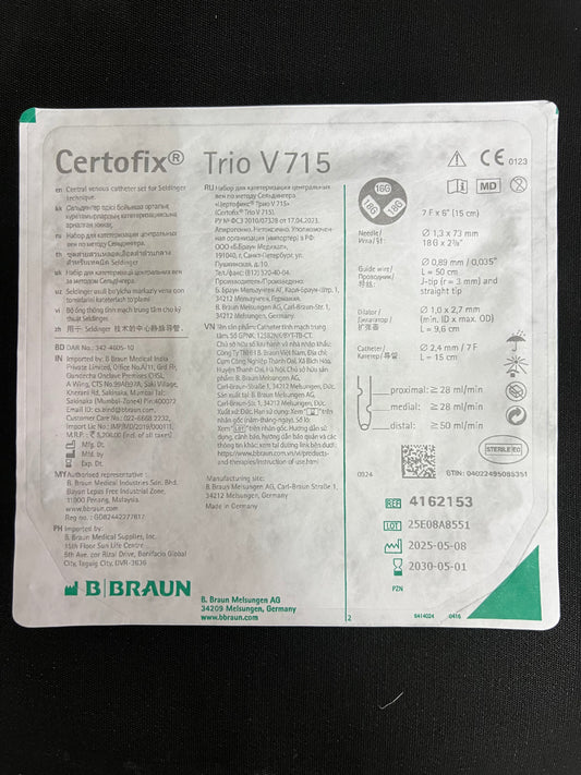 BBraun Certofix Trio V715 Triple Lumen Central Venous Catheter Set – 7 Fr x 15 cm