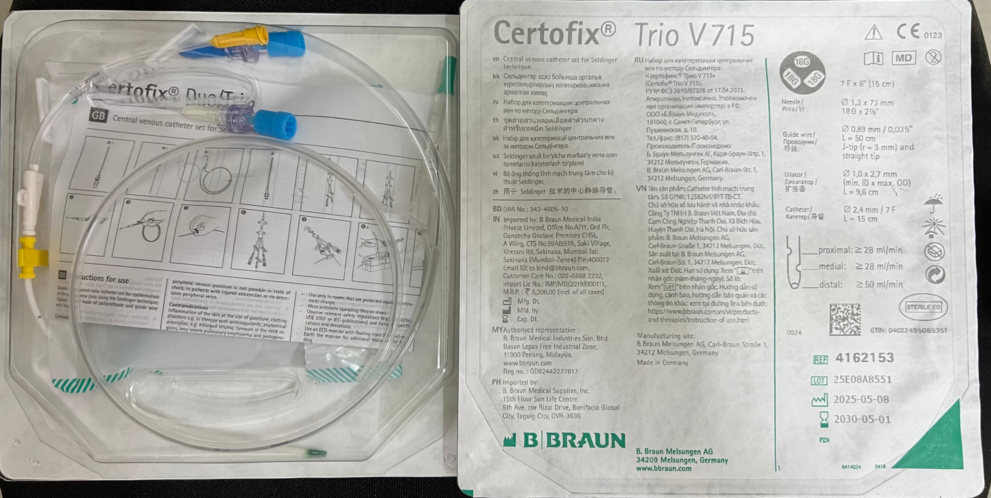 BBraun Certofix Trio V715 Triple Lumen Central Venous Catheter Set – 7 Fr x 15 cm